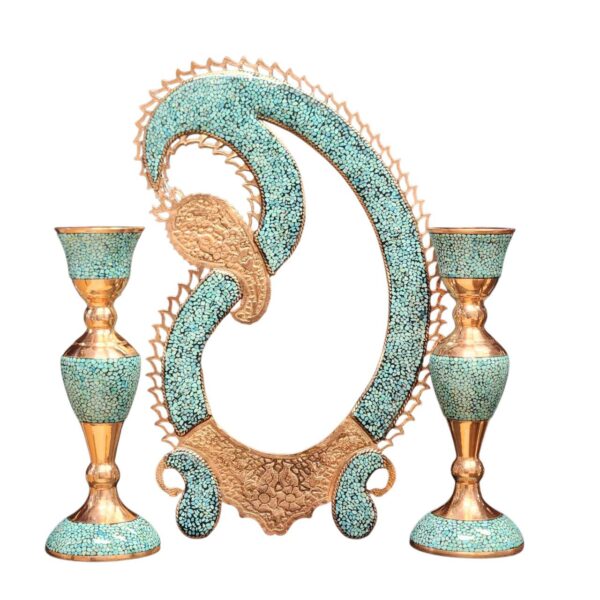 Persian turquoise inlay mirror and candle holder set displayed as luxury home décor