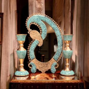 Handmade Persian Firoozeh Koobi mirror and candle holder set with turquoise inlay on engraved copper