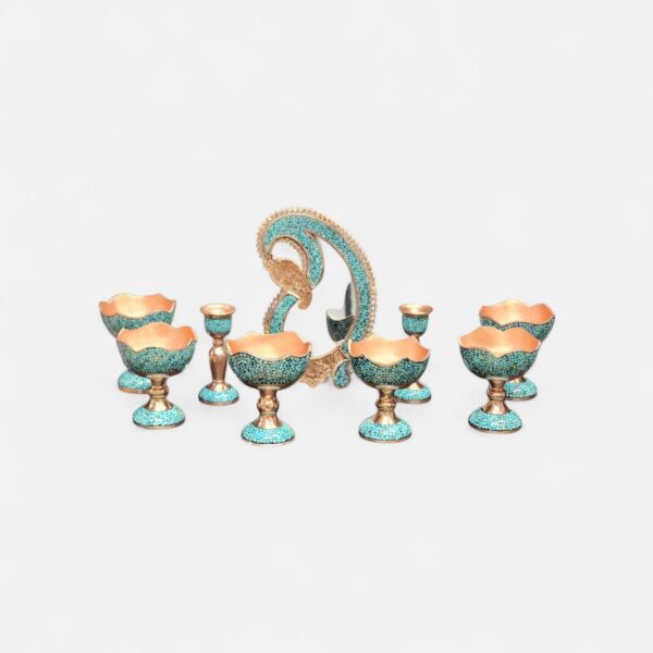 Handmade Firoozeh Koobi Haft-Seen set with turquoise inlay on engraved copper