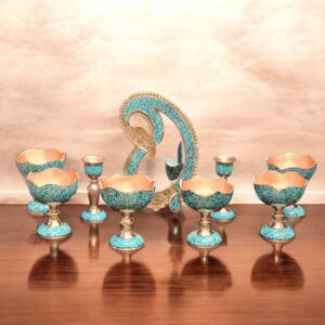 Handmade Firoozeh Koobi Haft-Seen set with turquoise inlay on engraved copper