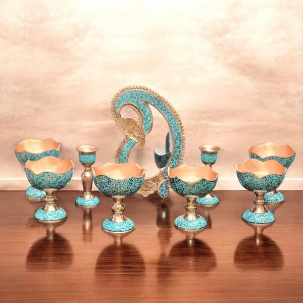 Handmade Firoozeh Koobi Haft-Seen set with turquoise inlay on engraved copper