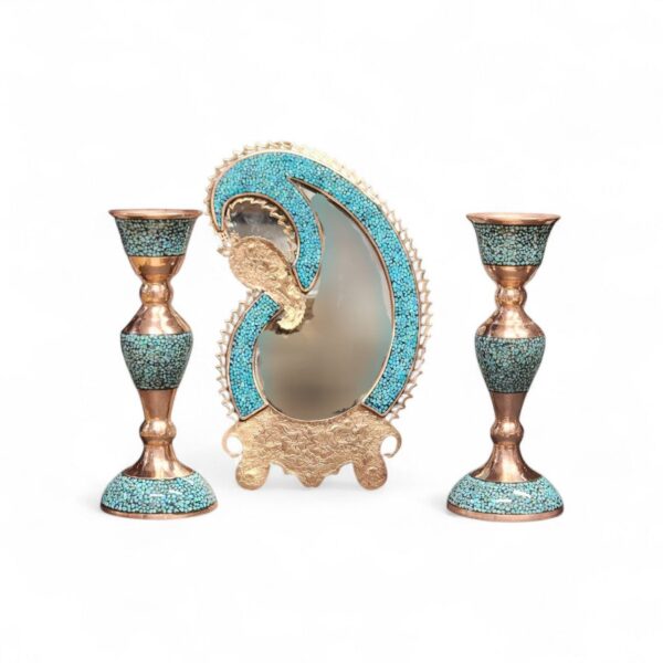 Handmade Persian Firoozeh Koobi mirror and candle holder set with turquoise inlay on engraved copper